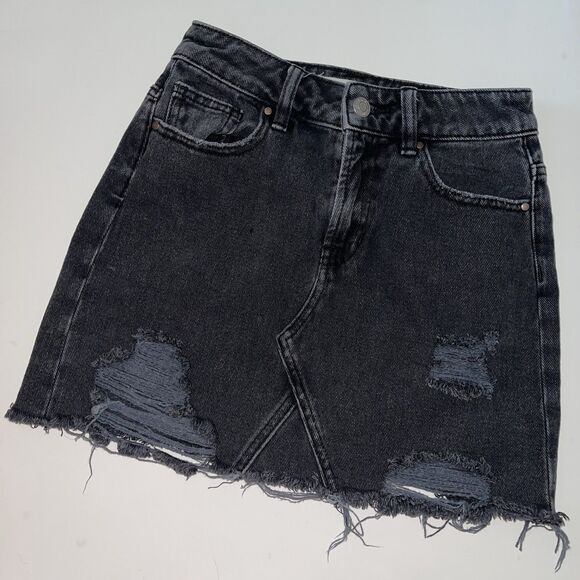 Pacsun Mini Jean Skirt Size 22 Black Charcoal Wash Denim Distressed - Picture 1 of 4